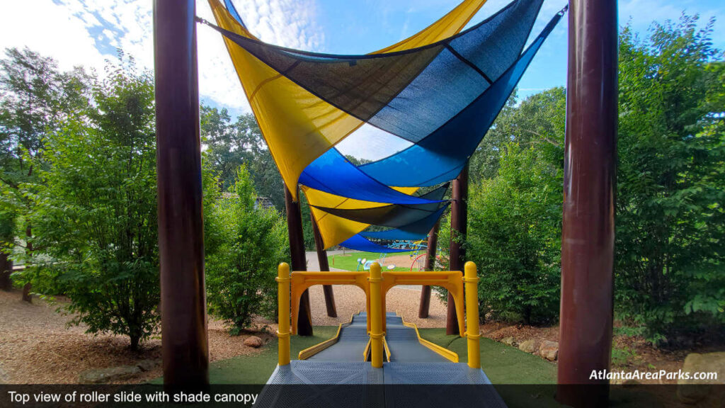 Chastain Park Fulton Atlanta Buckhead Playground top view of roller slide with shaded canopy