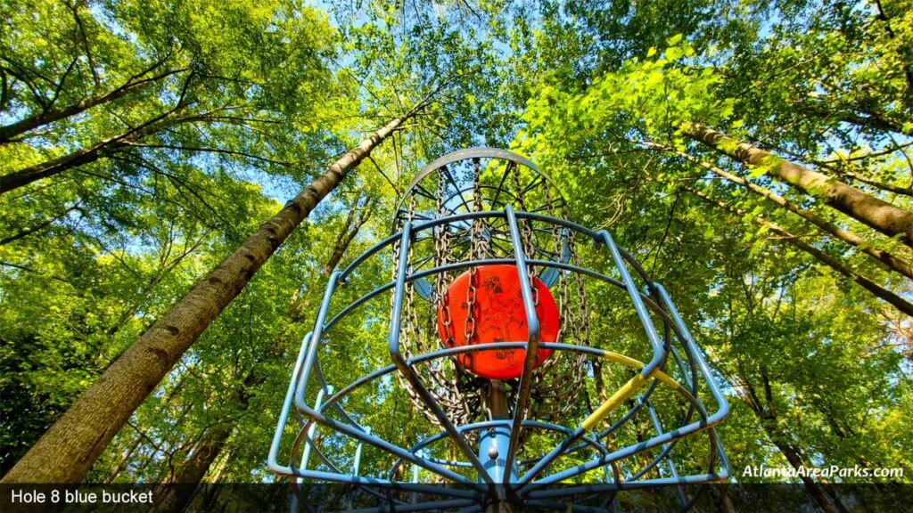 Louise-Suggs-Memorial-Park-Cobb-Austell-Frog-Rock-Disc-Golf-Park-Hole-8-blue-bucket