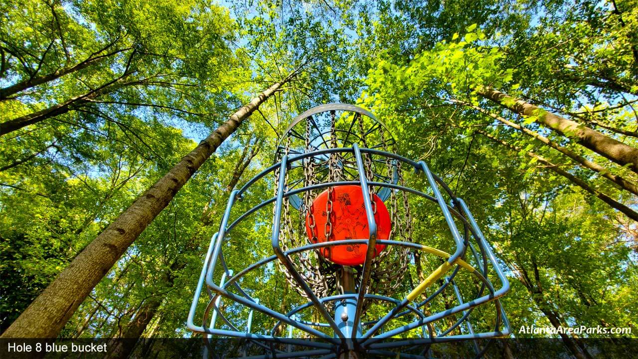 Louise-Suggs-Memorial-Park-Cobb-Austell-Frog-Rock-Disc-Golf-Park-Hole-8-blue-bucket