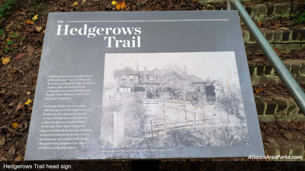 Whittier Mill Park Fulton Atlanta Hedgerows Trail Head Sign