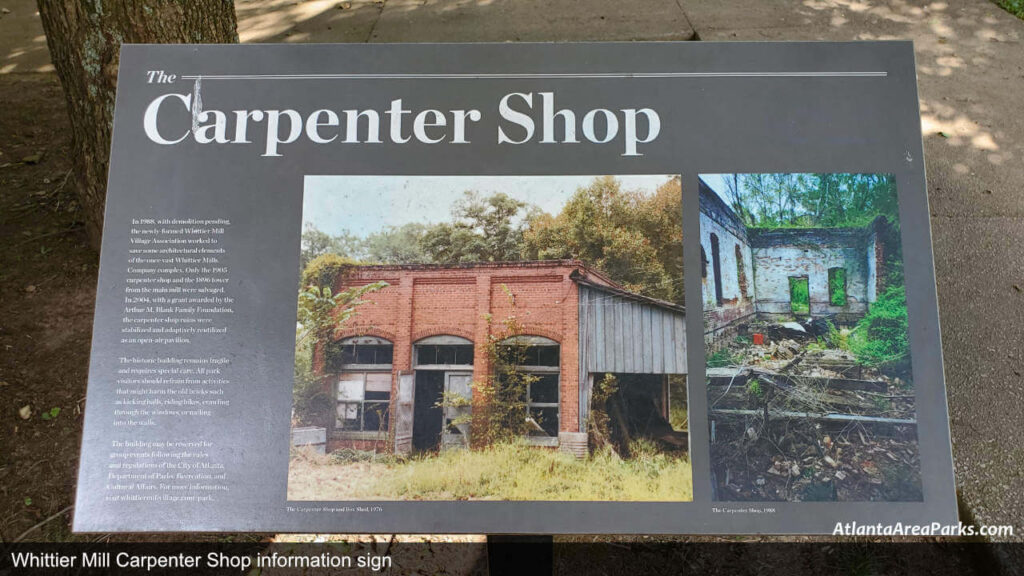 Whittier Mill Park Fulton Atlanta Historic Carpenter Shop information sign
